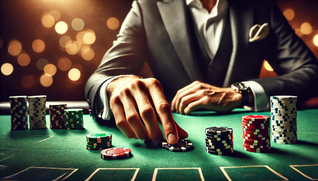 dall·e 2026 02 13 22.23.08 photorealistic cinematic scene of an elegant man in a tailored suit placing poker chips onto a casino table. large horizontal 16 9 composition. focus