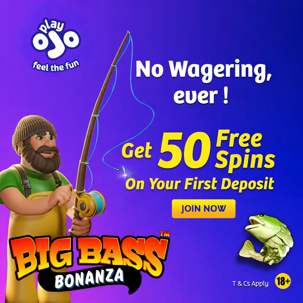 Casino banner with fisherman and 50 free spins no wagering offer.