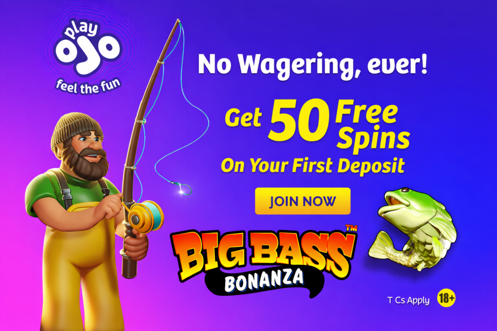 Casino promo image with fisherman, Big Bass Bonanza theme, and 50 free spins no wagering offer.