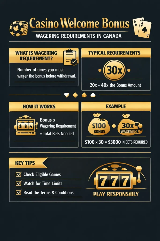 how to calculate wagering requirements welcome bonus Canada deposit match example