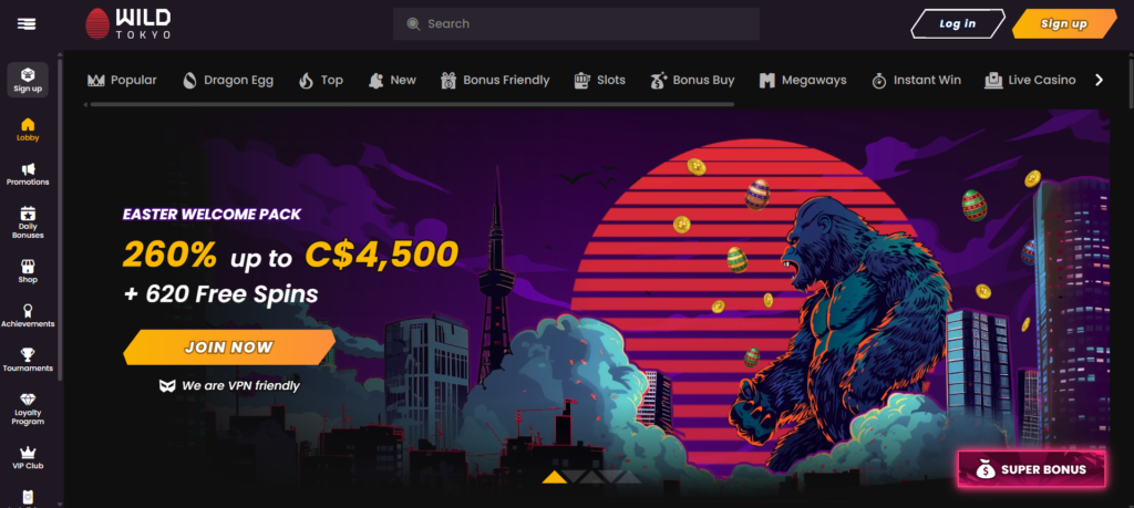 Wild Tokyo casino Canada welcome bonus 250% up to C$4500 plus 620 free spins