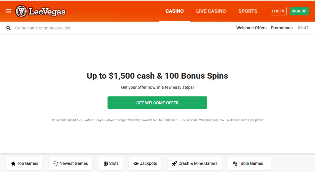 LeoVegas Canada welcome bonus 100% up to C$1500 plus 100 free spins