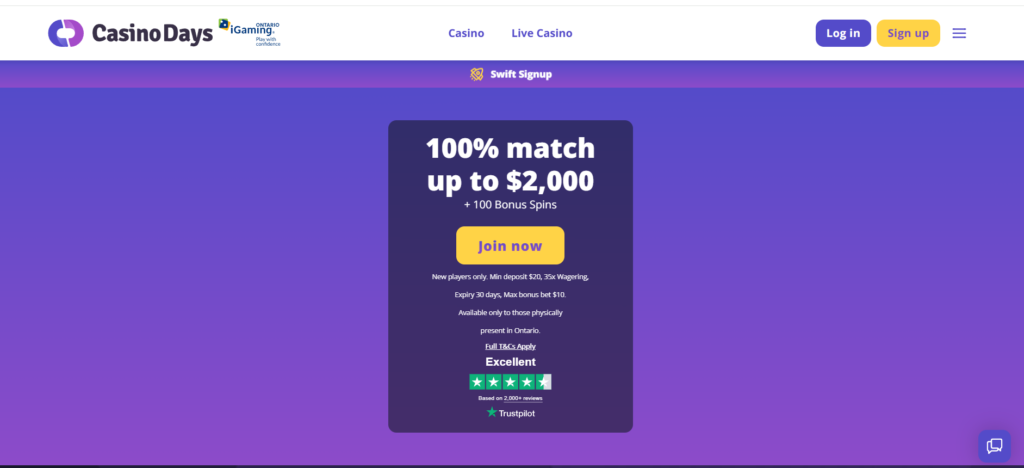 Casino Days Canada welcome bonus 100% up to C$2000 plus 100 free spins