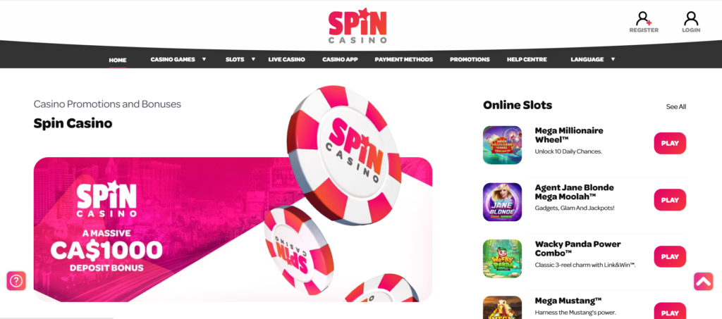 Spin Casino Canada welcome bonus 100% up to C$1000 plus 200 free spins