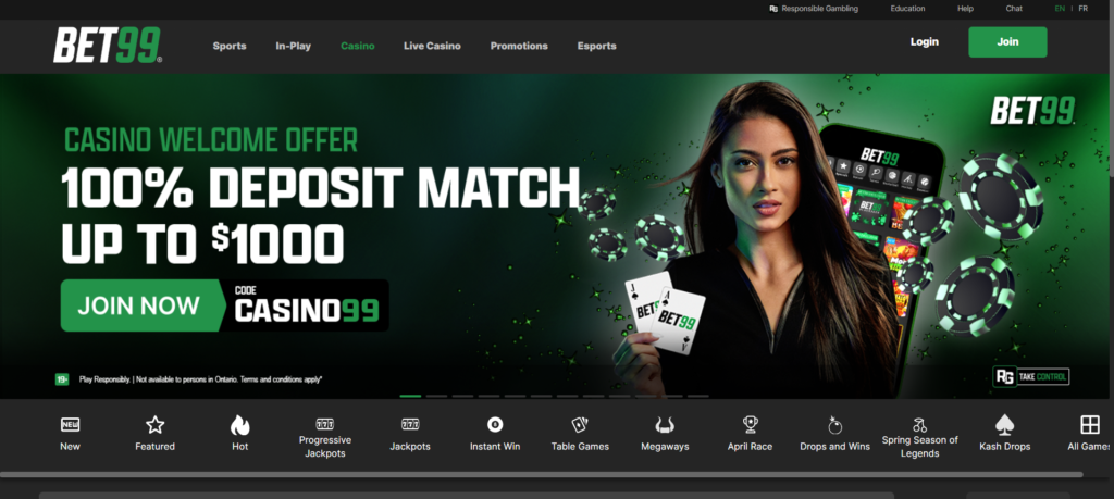 Bet99 Canada welcome bonus 100% up to C$1000 Kahnawake licensed