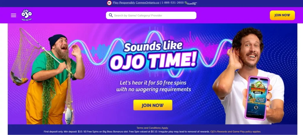 PlayOJO CA homepage with Join Now button and welcome bonus banner