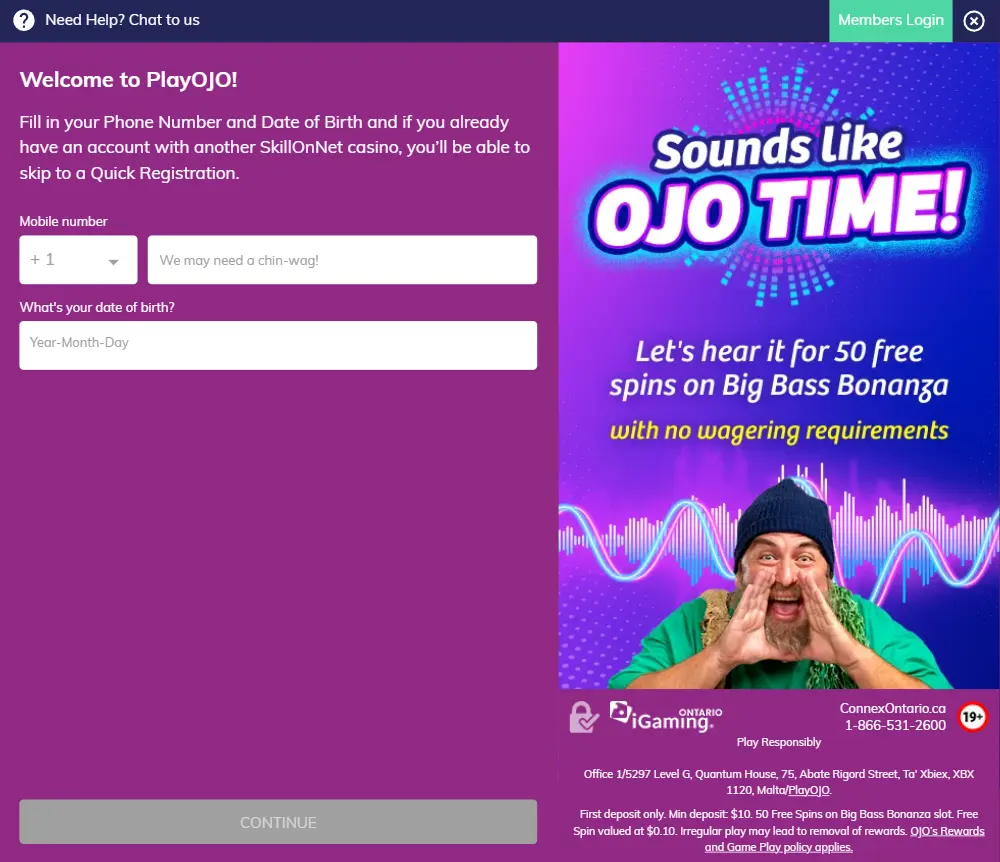 PlayOJO Ontario sign up screen — mobile number verification step