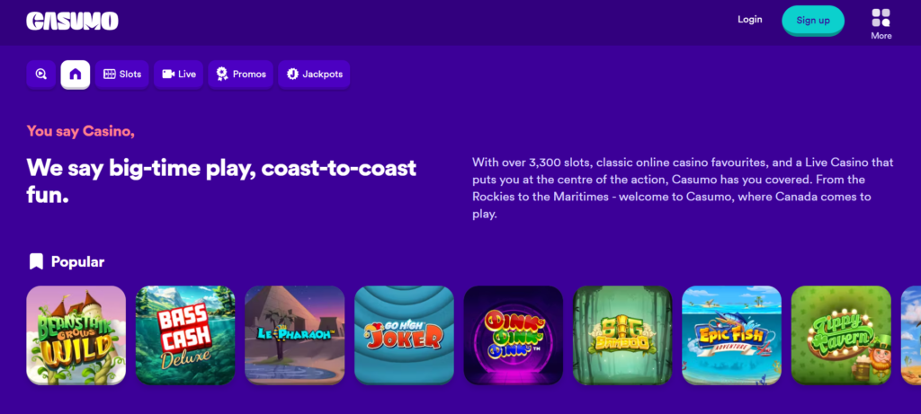 Casumo Canada fast payout casino Interac withdrawal 4 hours welcome bonus C$2000