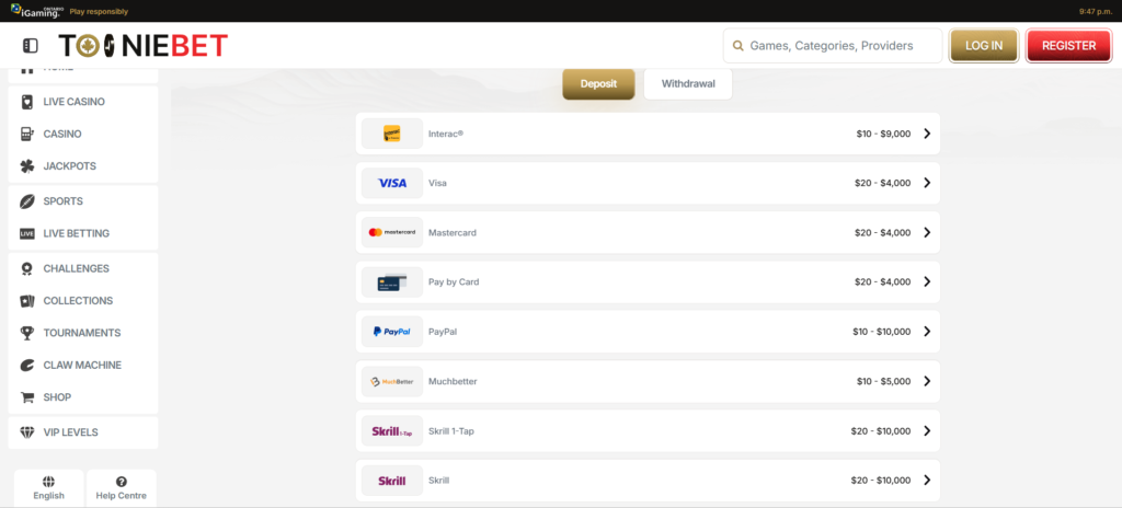 ToonieBet Canada fast payout casino 20x wagering welcome bonus C$1800 plus 200 free spins