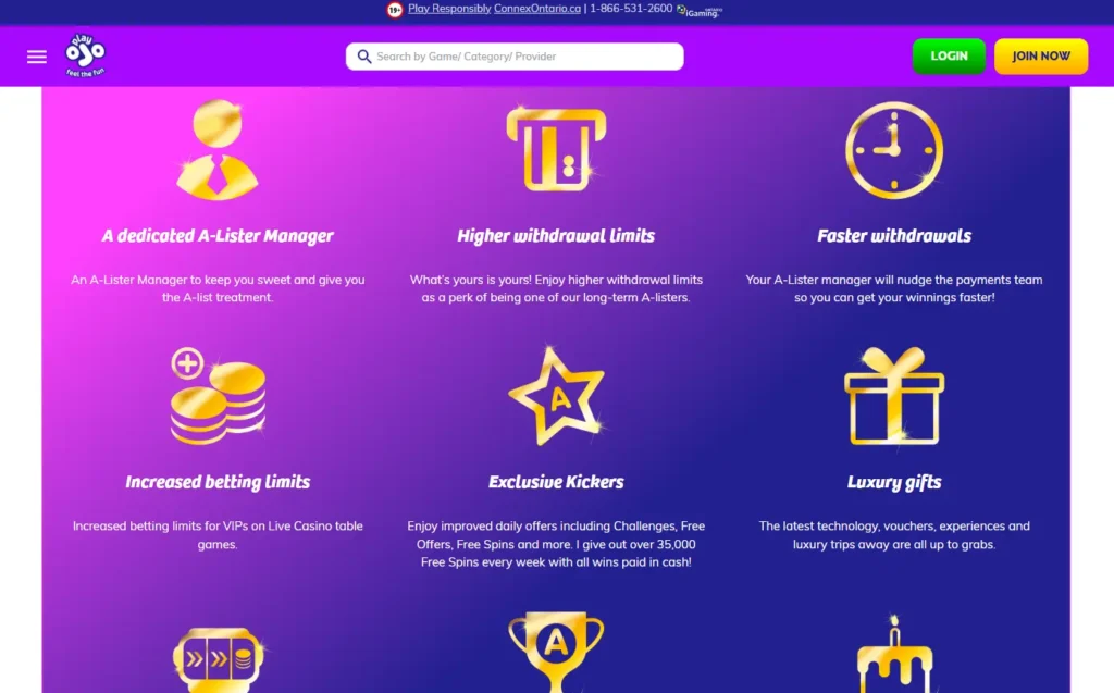 PlayOJO A-Listers VIP club — exclusive rewards for top players