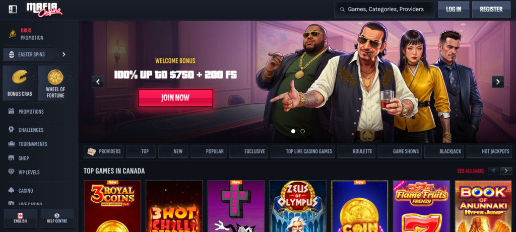 Mafia Casino new casino Canada late 2025 welcome bonus 100% up to C$750 plus 200 free spins