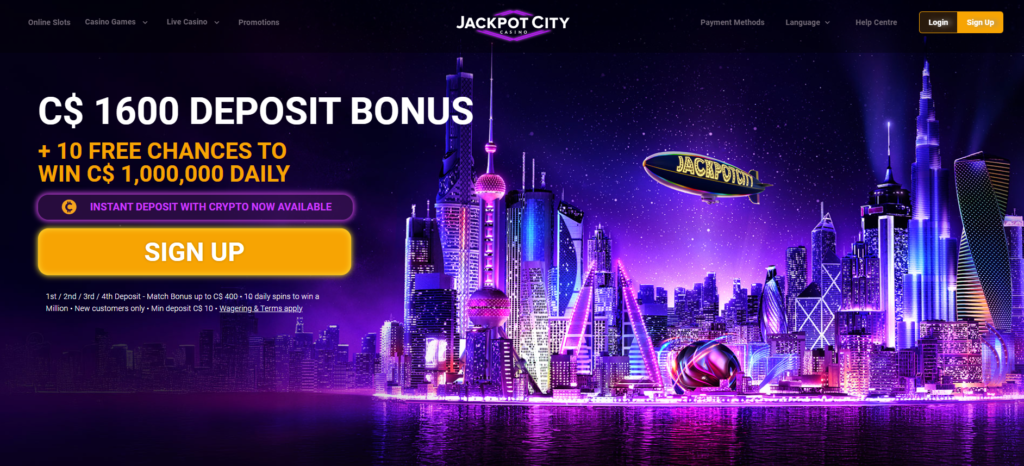 Jackpot City Casino Canada welcome bonus banner offering C$1600 deposit match and 10 daily spins for a C$1,000,000 prize