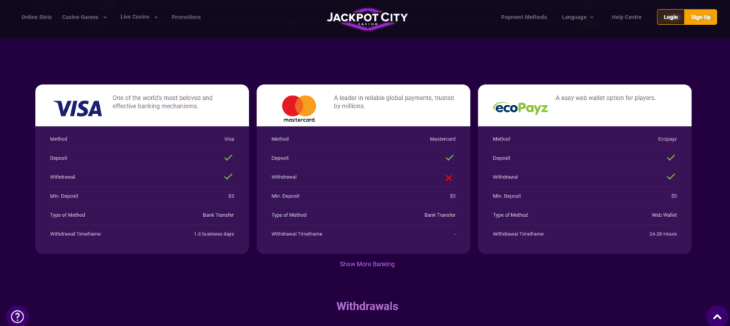Payment methods at Jackpot City Casino Canada including Visa, Mastercard, Interac, Skrill, Neteller and crypto