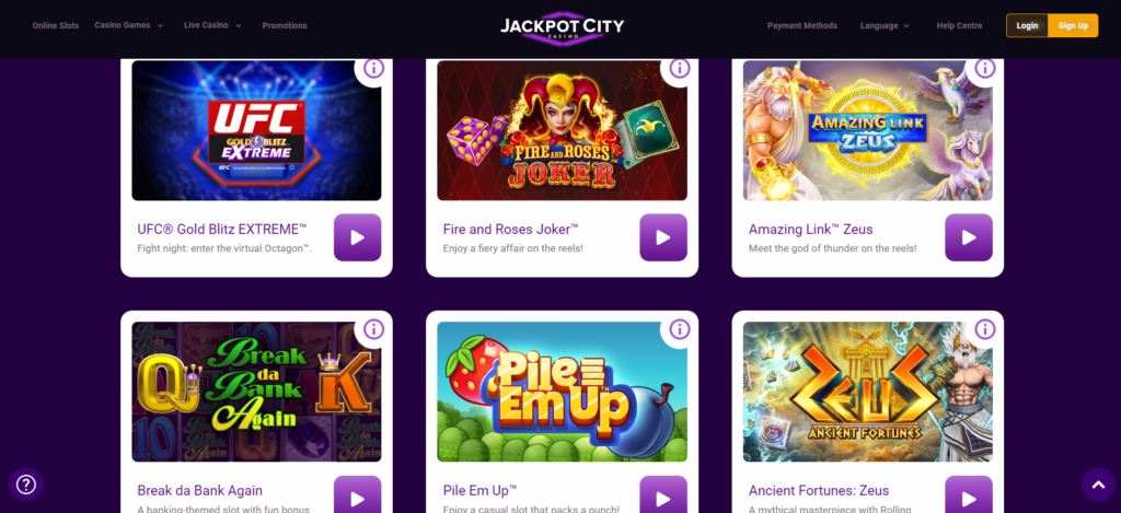 Jackpot City Casino Canada featured slots including UFC Gold Blitz Extreme, Fire and Roses Joker and Amazing Link Zeus